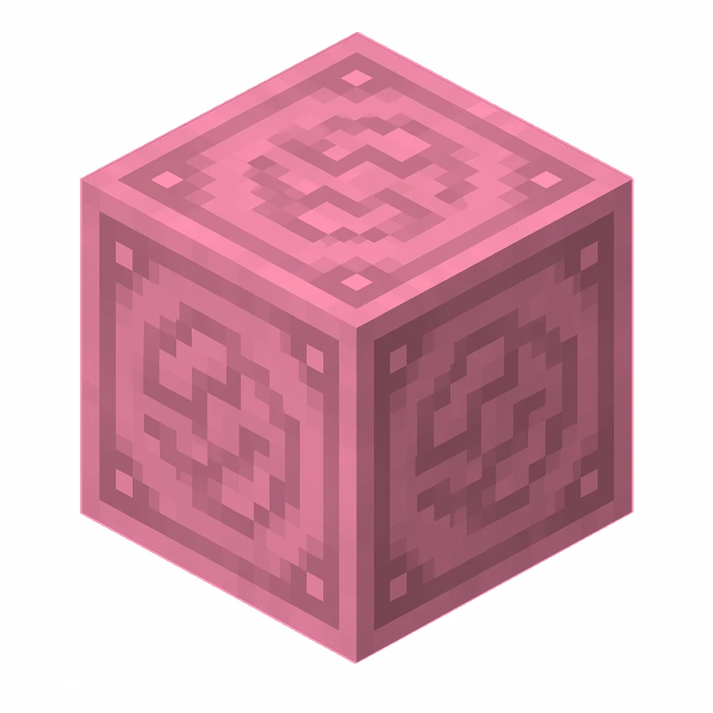 Pixel art illustration of a pink glazed terracotta block with a swirling ornate pattern