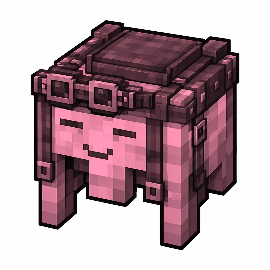 Pixel art illustration of a pink happy ghast harness with a saddle seat and straps