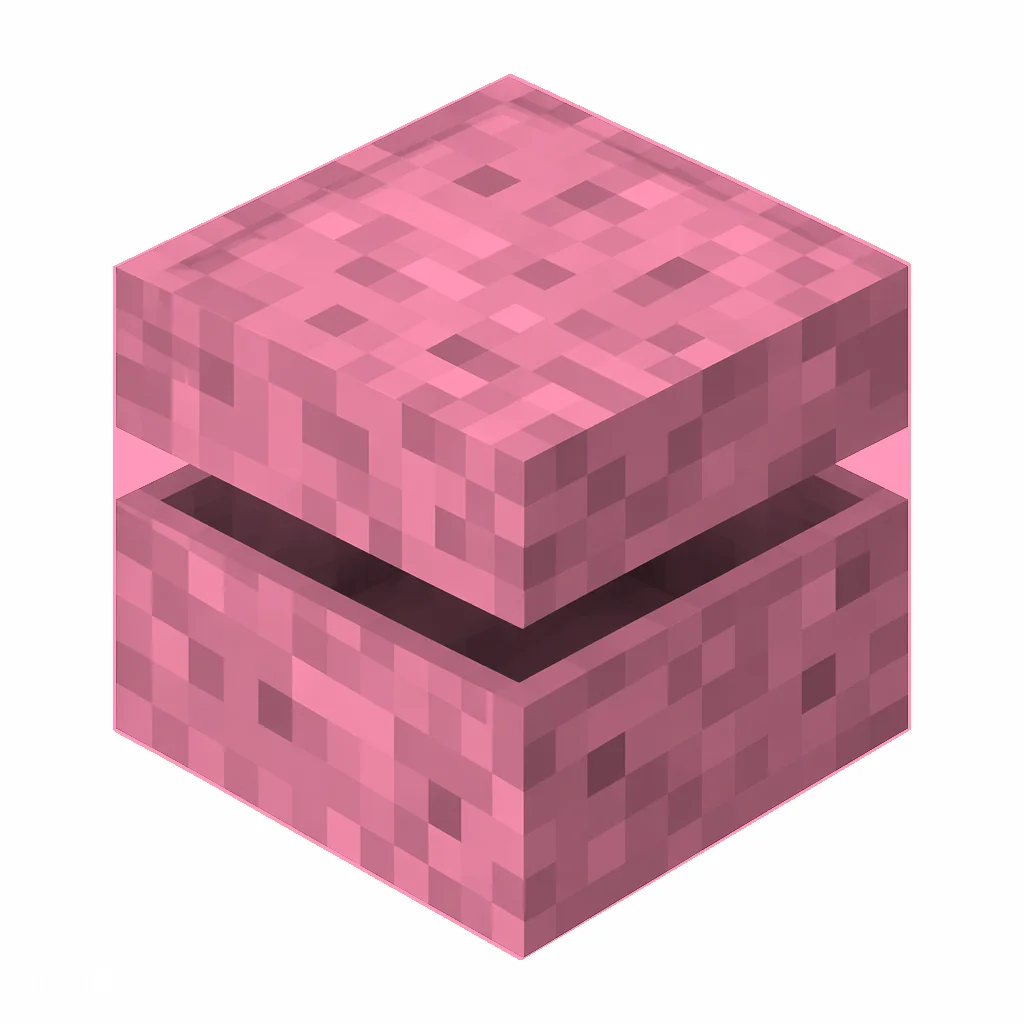 Pixel art illustration of a pink shulker box with a raised clam-shell lid