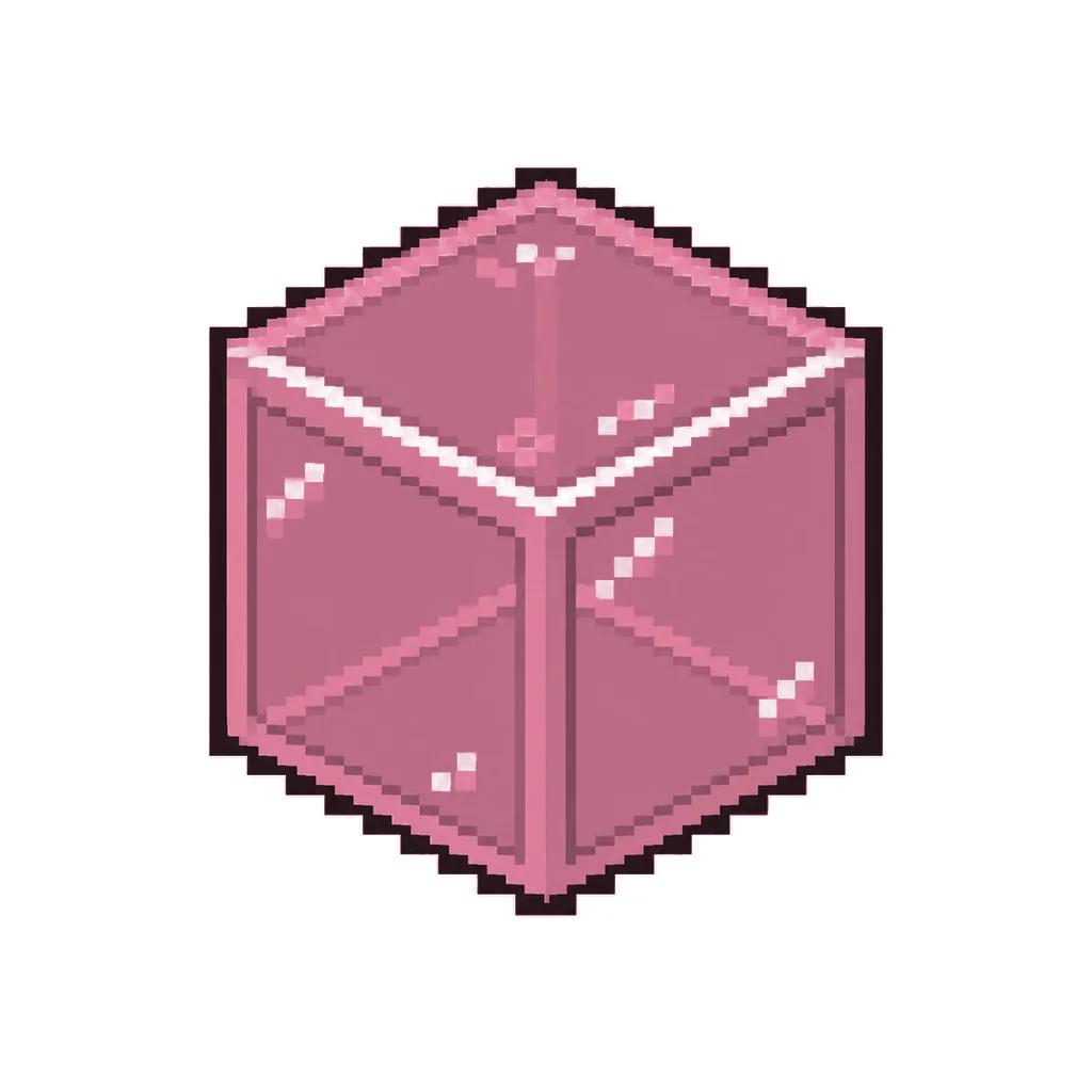 Pixel art illustration of a pink stained glass block with a dark framed translucent pink pane