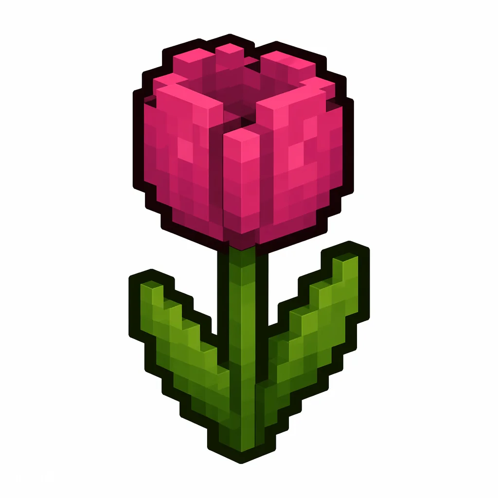 Pixel art illustration of a pink tulip in chunky voxel game style