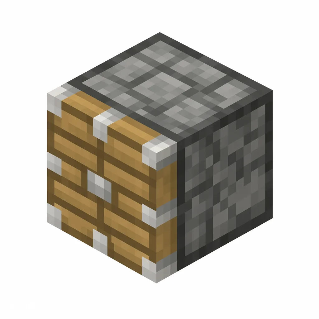 Pixel art illustration of a piston block with a wooden piston head face and gray machine sides