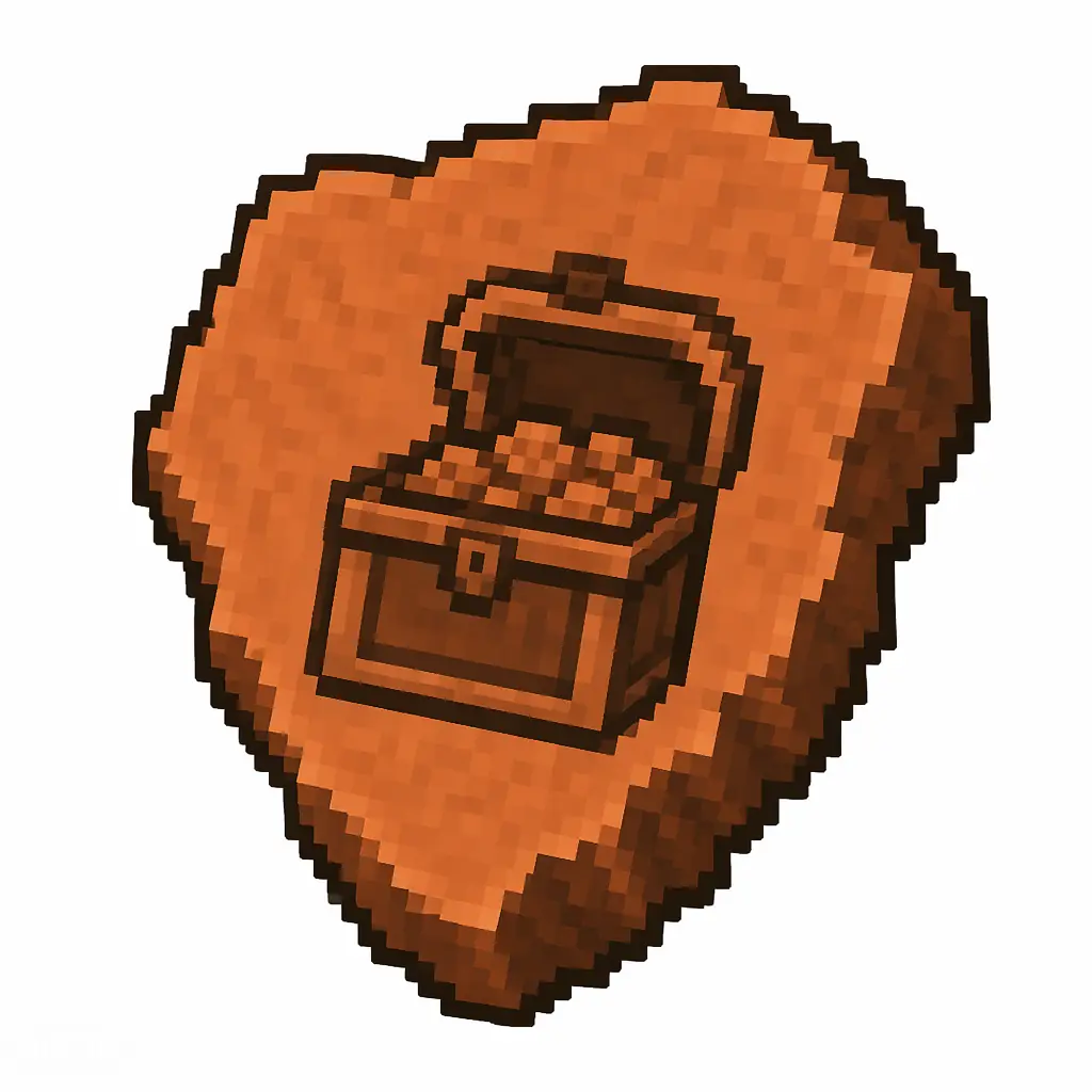 Pixel art illustration of a terracotta pottery sherd engraved with a treasure chest pictograph