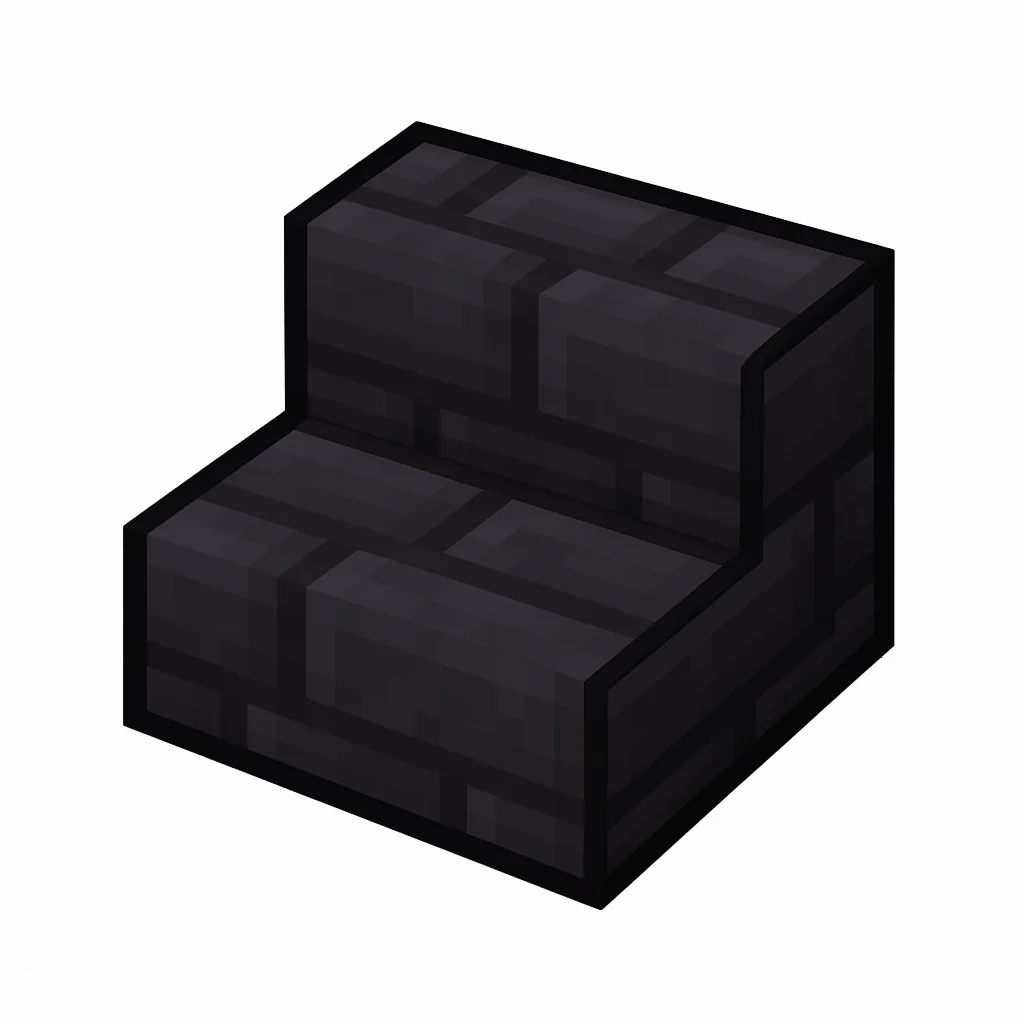 Pixel art illustration of a polished blackstone brick stairs, an L-shaped staircase block