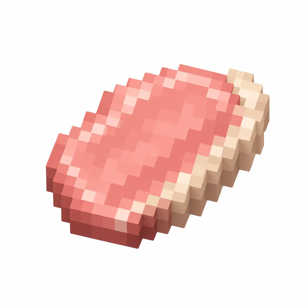 Pixel art illustration of a raw porkchop with pink meat and a pale fat stripe