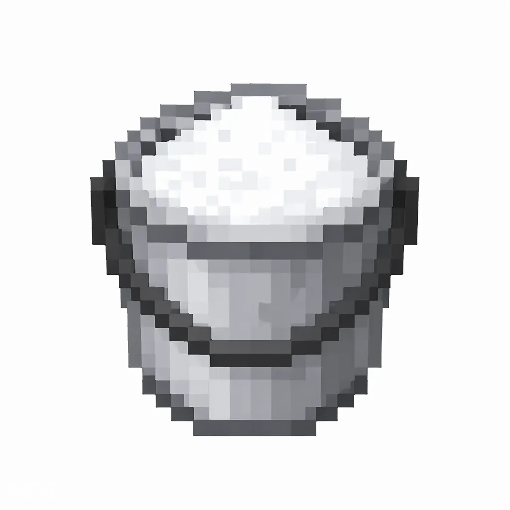 Pixel art illustration of a gray metal bucket filled with fluffy white powder snow