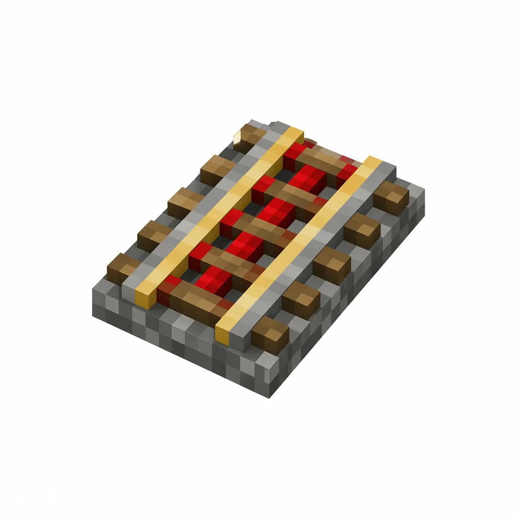 Pixel art illustration of a powered rail with golden rails and a red redstone strip