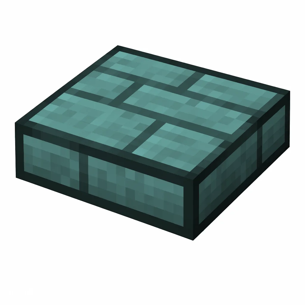 Pixel art illustration of a prismarine brick slab, a half-height flat block