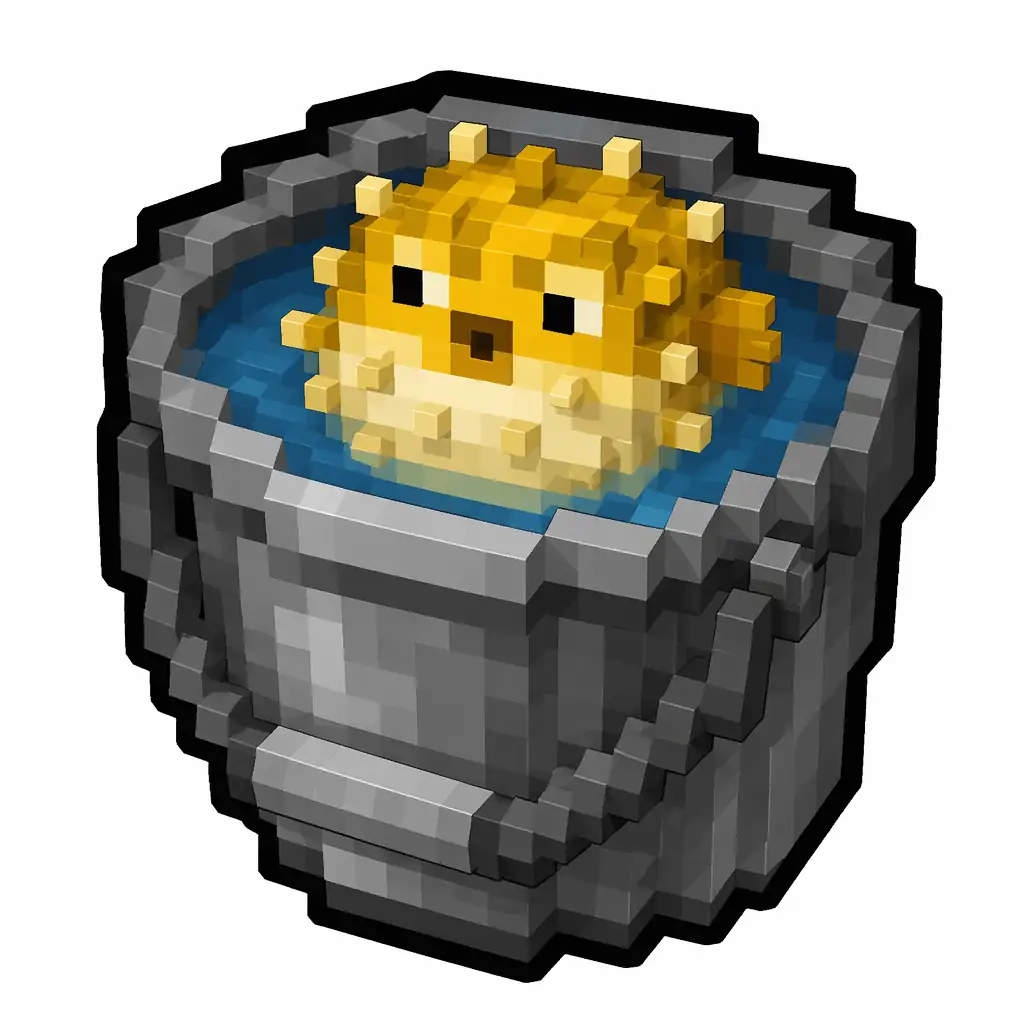 Pixel art illustration of a metal bucket with a live pufferfish inside