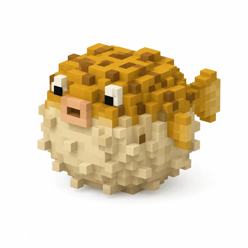Pixel art illustration of a puffed-up pufferfish with yellow-brown spotted skin