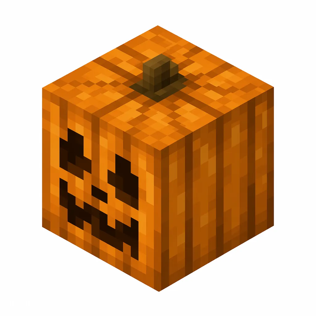 Pixel art illustration of an orange pumpkin block with a carved face and a brown stem