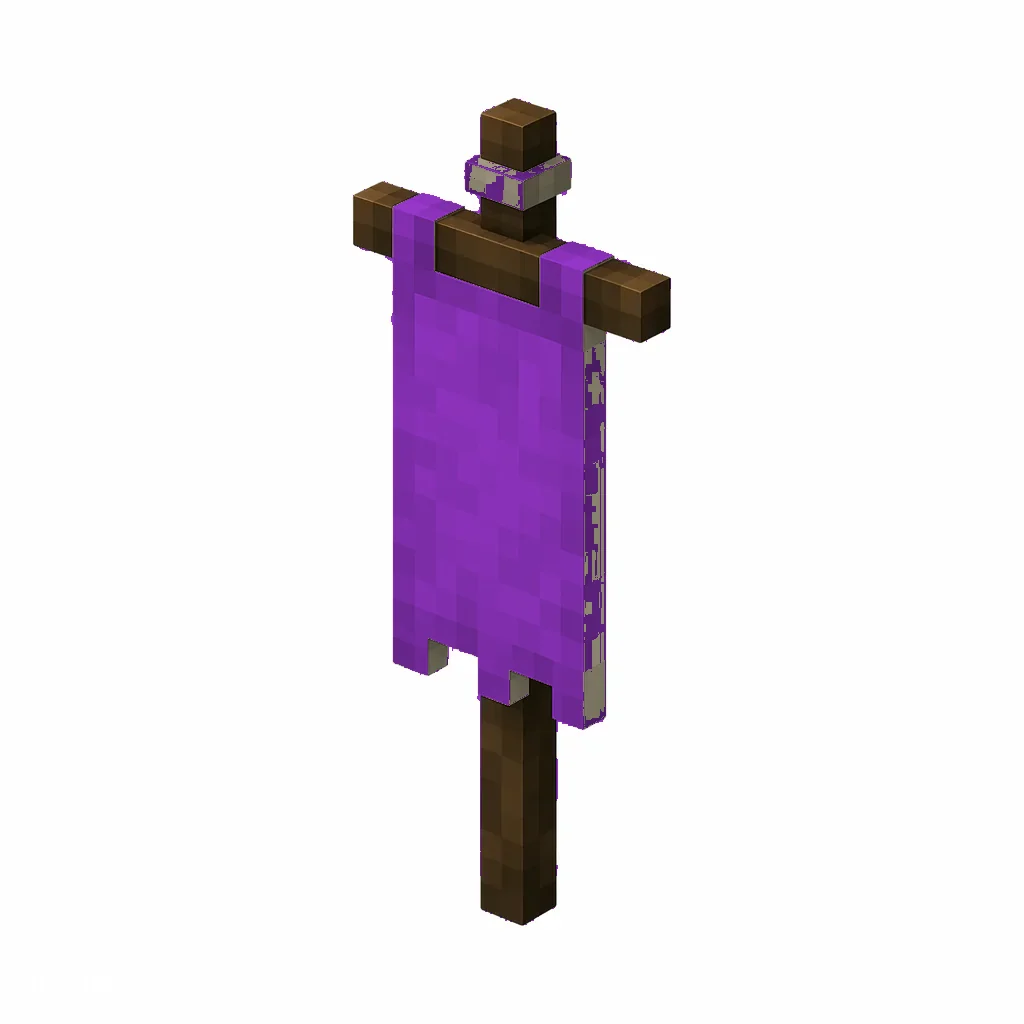 Pixel art illustration of a purple banner hanging from a wooden pole
