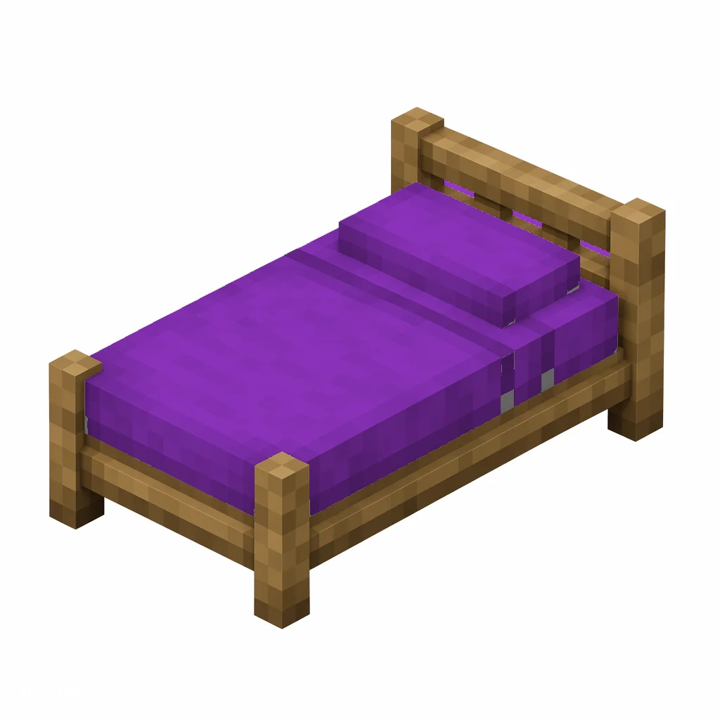 Pixel art illustration of a purple bed with a wooden frame and a purple blanket and pillow