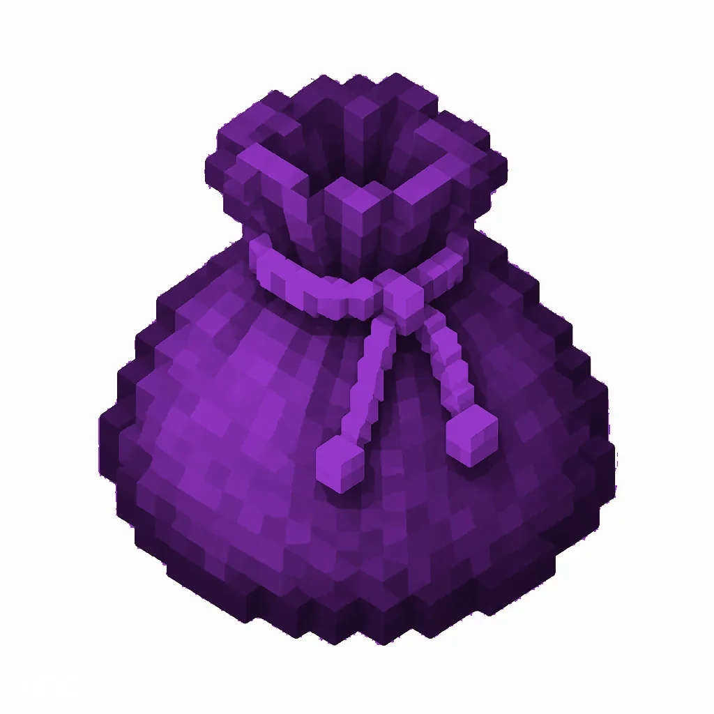 Pixel art illustration of a purple dyed bundle pouch tied with string