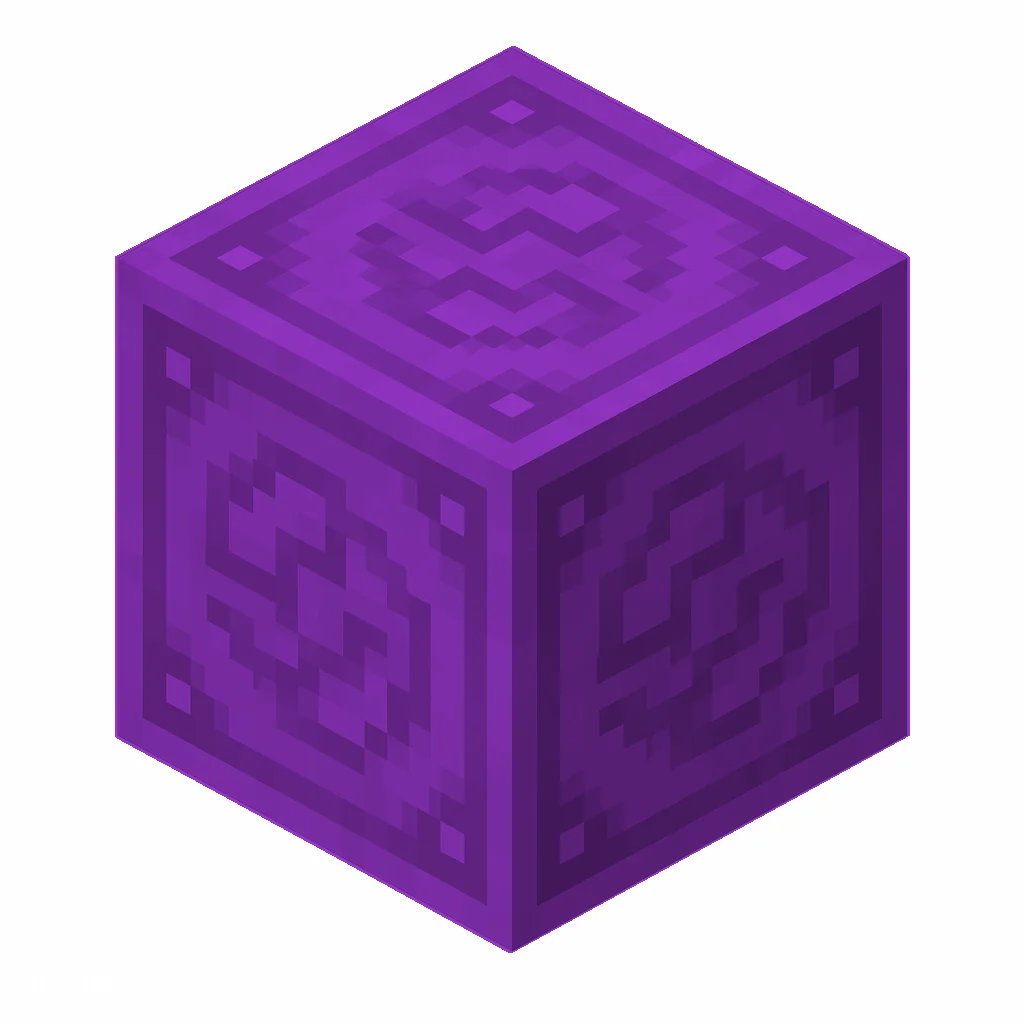 Pixel art illustration of a purple glazed terracotta block with a swirling ornate pattern
