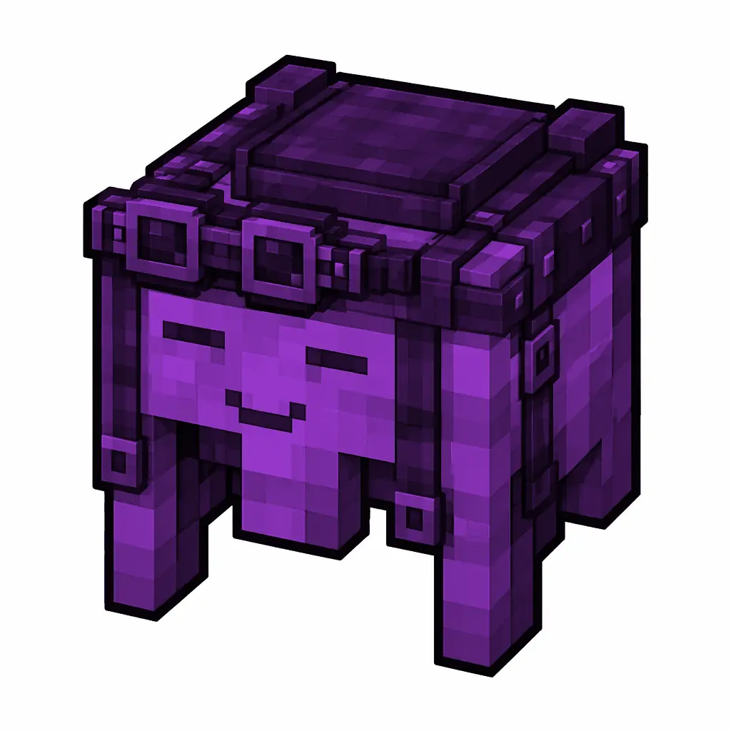 Pixel art illustration of a purple happy ghast harness with a saddle seat and straps