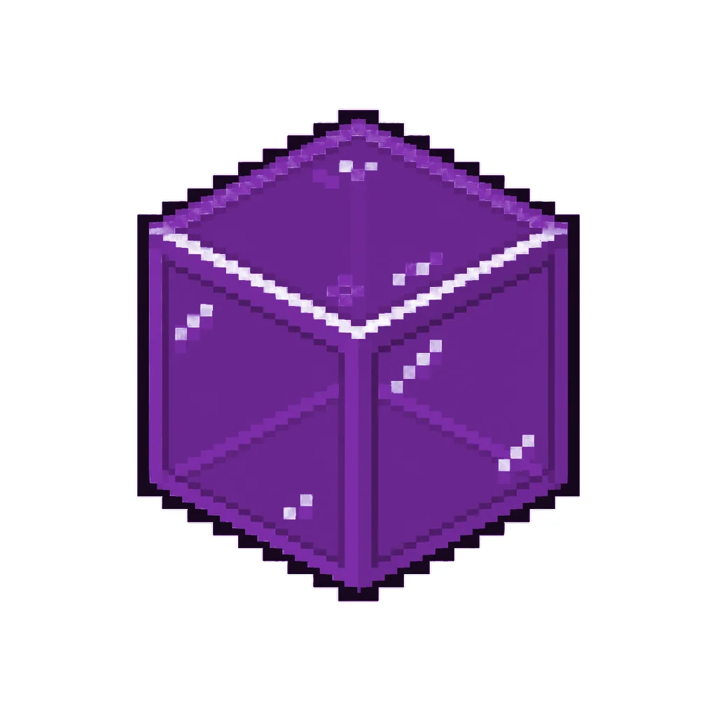 Pixel art illustration of a purple stained glass block with a dark framed translucent purple pane