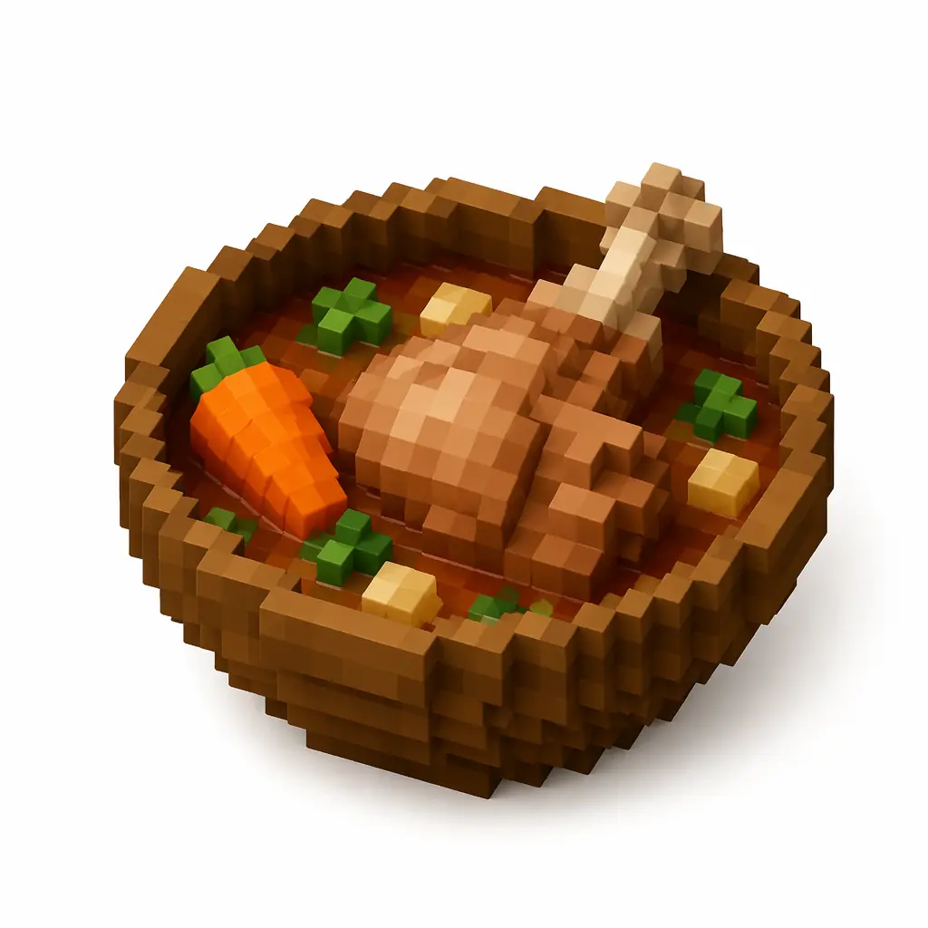 Pixel art illustration of a wooden bowl of rabbit stew with carrot