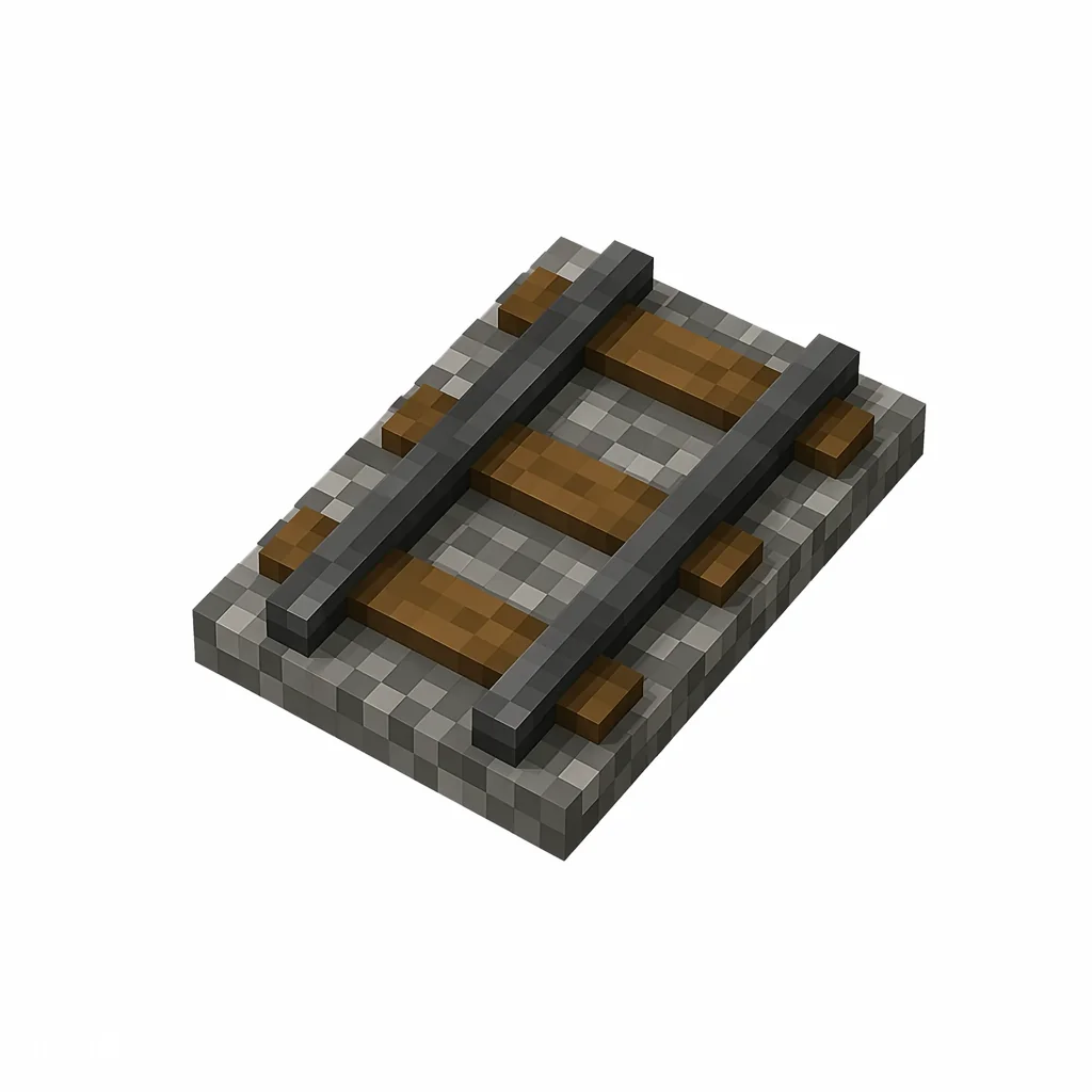 Pixel art illustration of a straight minecart rail with wooden ties and two iron rails