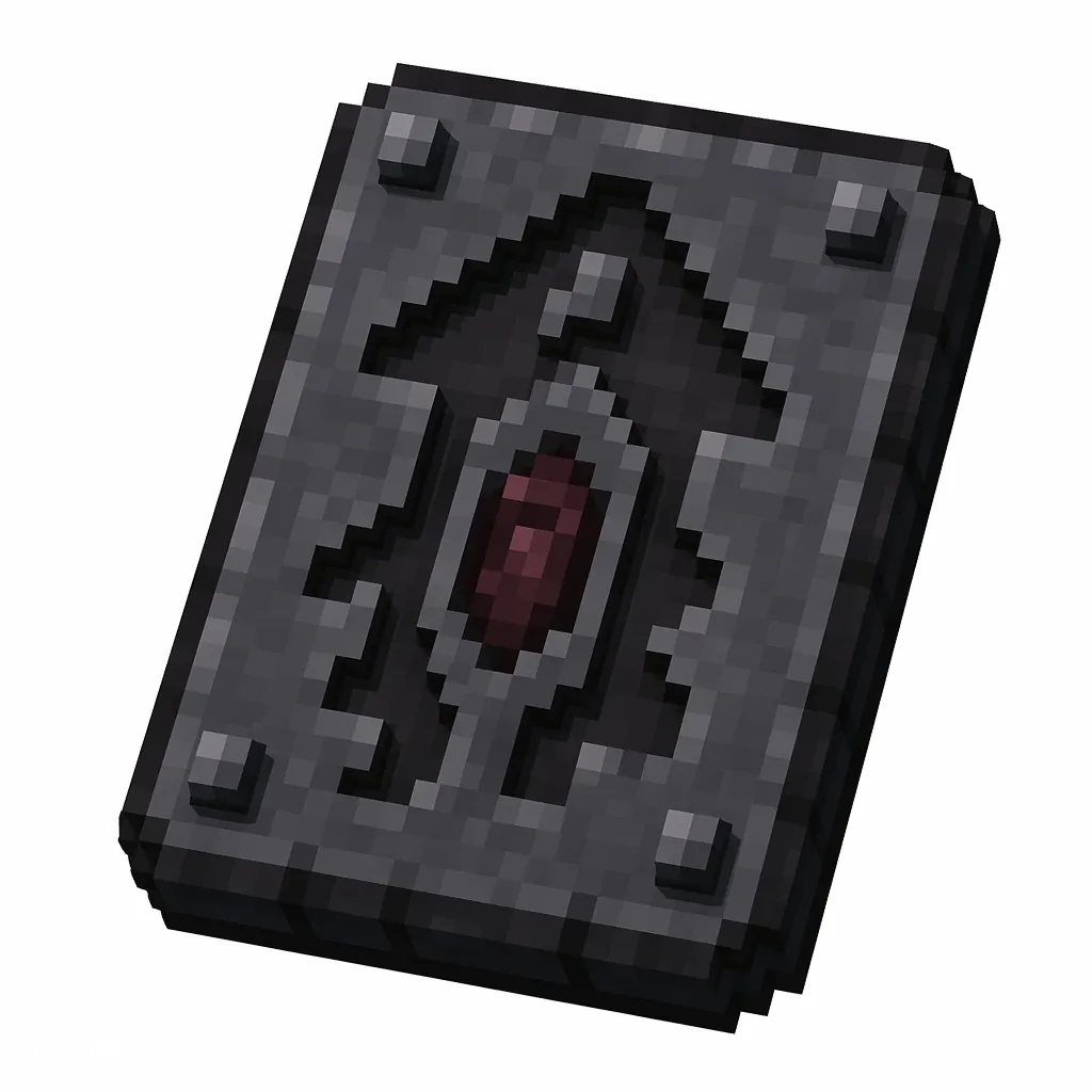 Pixel art illustration of a dark stone smithing template tablet carved with a rising pillar