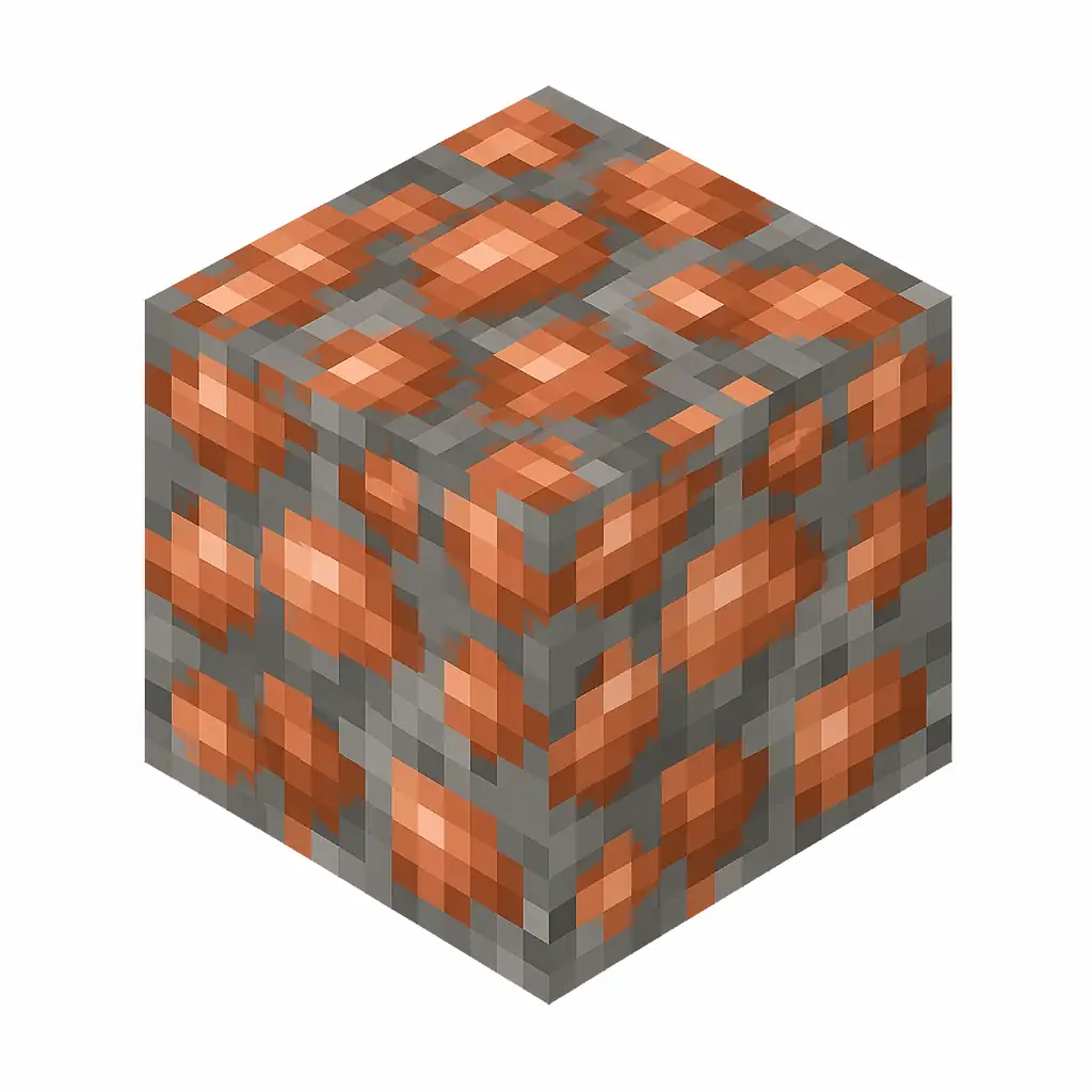 Pixel art illustration of a block of raw copper in chunky voxel game style