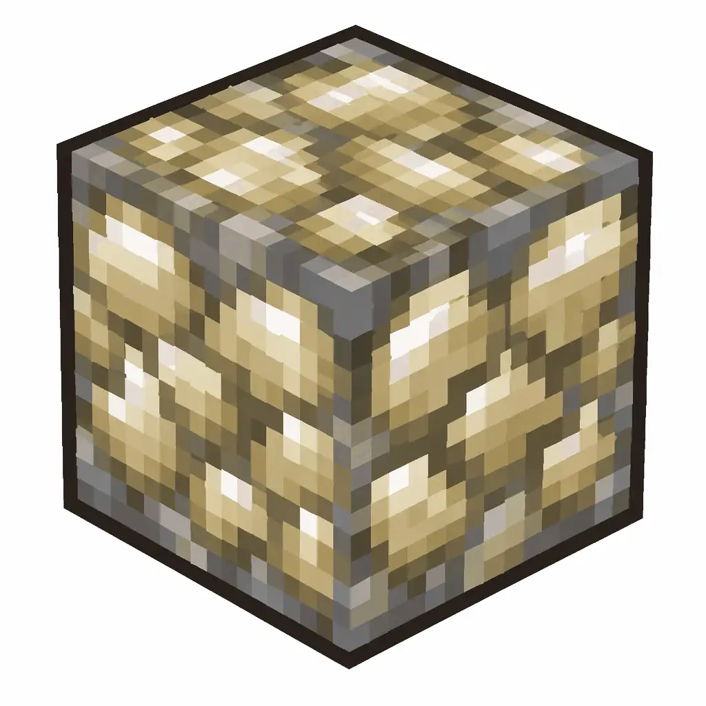 Pixel art illustration of a block of raw gold in chunky voxel game style