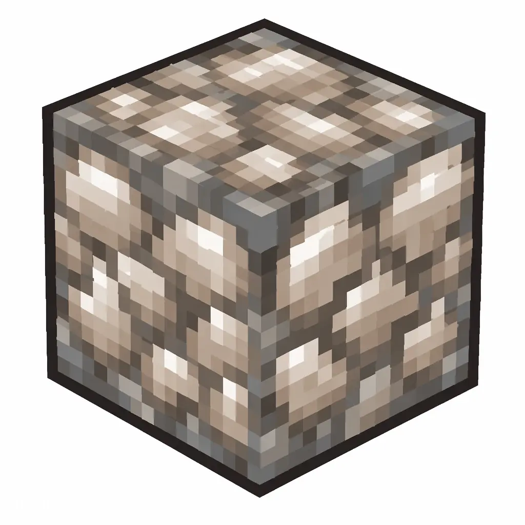 Pixel art illustration of a block of raw iron in chunky voxel game style