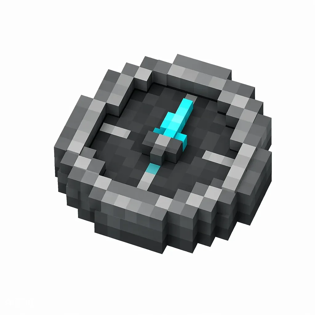 Pixel art illustration of a recovery compass with a glowing cyan needle