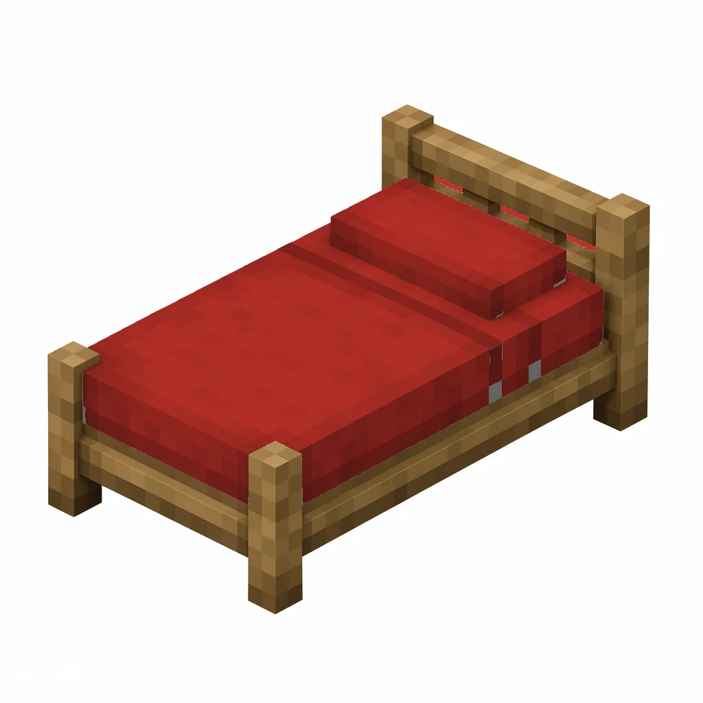 Pixel art illustration of a red bed with a wooden frame and a red blanket and pillow