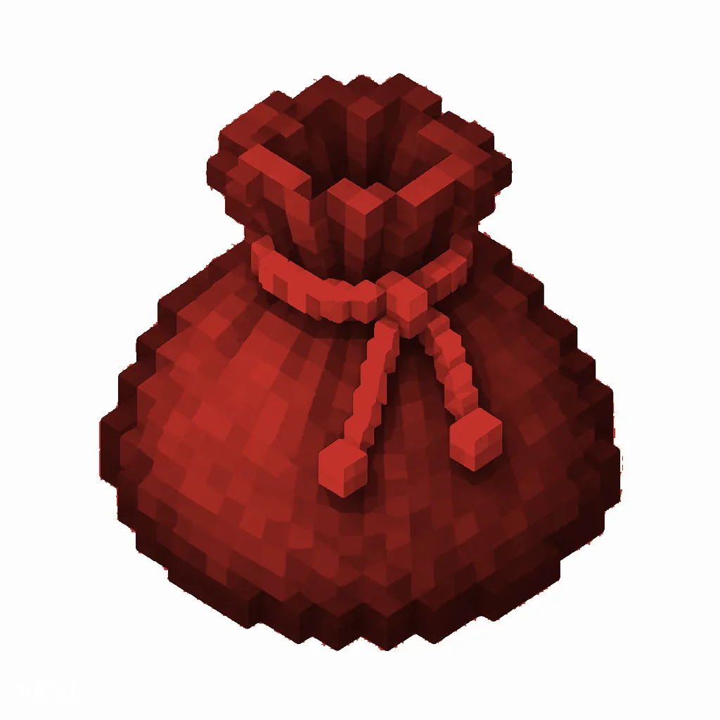 Pixel art illustration of a red dyed bundle pouch tied with string