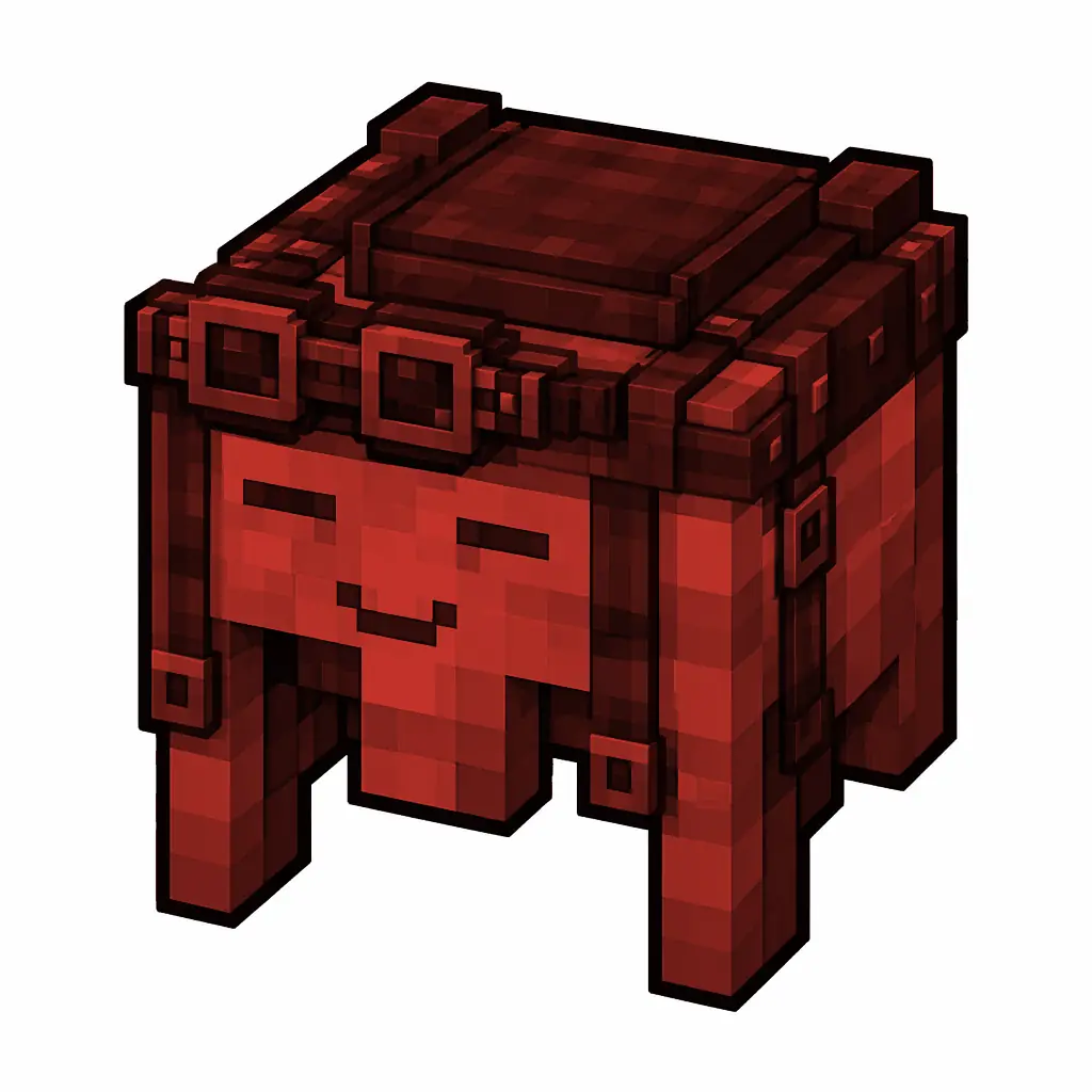 Pixel art illustration of a red happy ghast harness with a saddle seat and straps