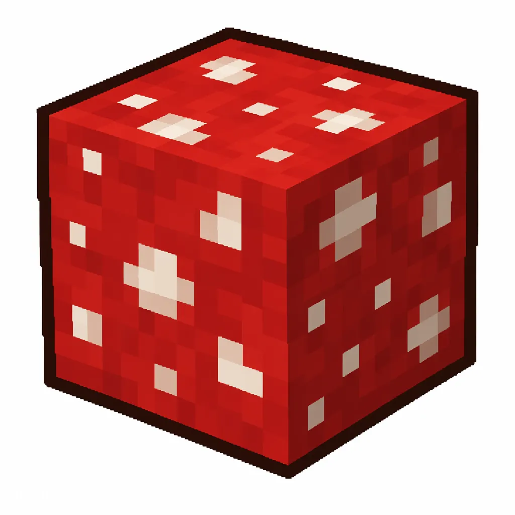 Pixel art illustration of a red mushroom block in chunky voxel game style