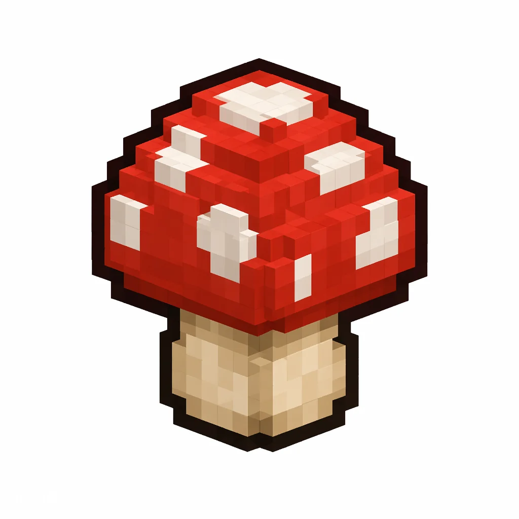 Pixel art illustration of a red mushroom in chunky voxel game style