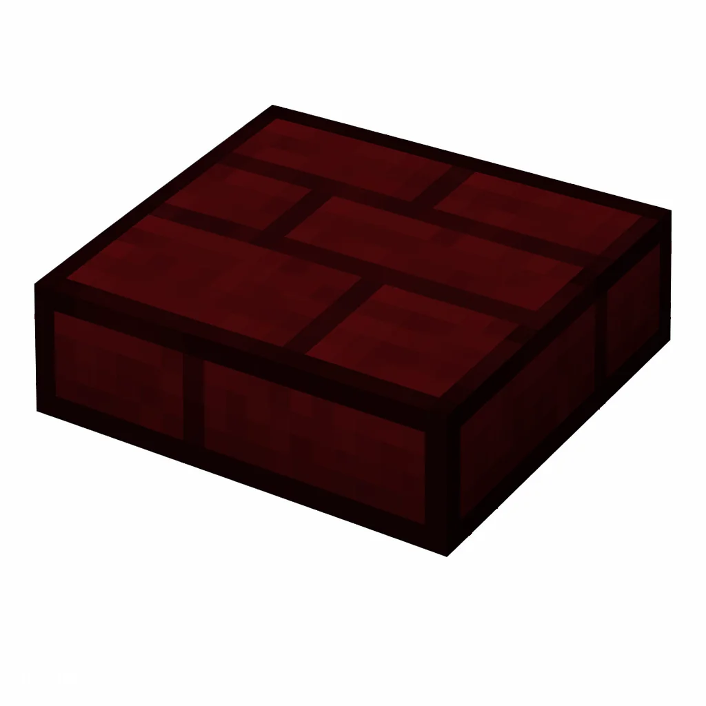 Pixel art illustration of a red nether brick slab, a half-height flat block