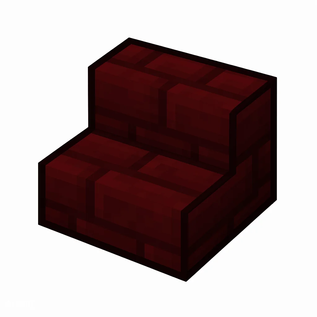 Pixel art illustration of a red nether brick stairs, an L-shaped staircase block