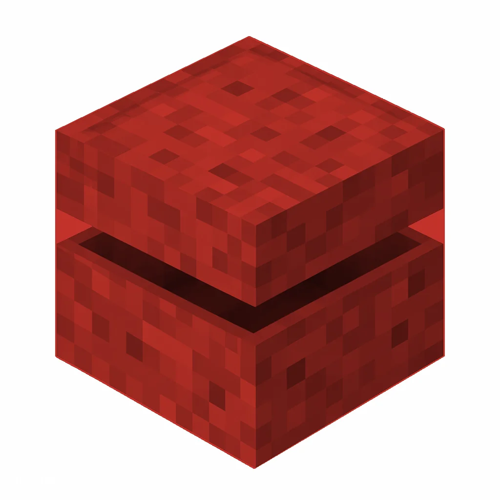 Pixel art illustration of a red shulker box with a raised clam-shell lid