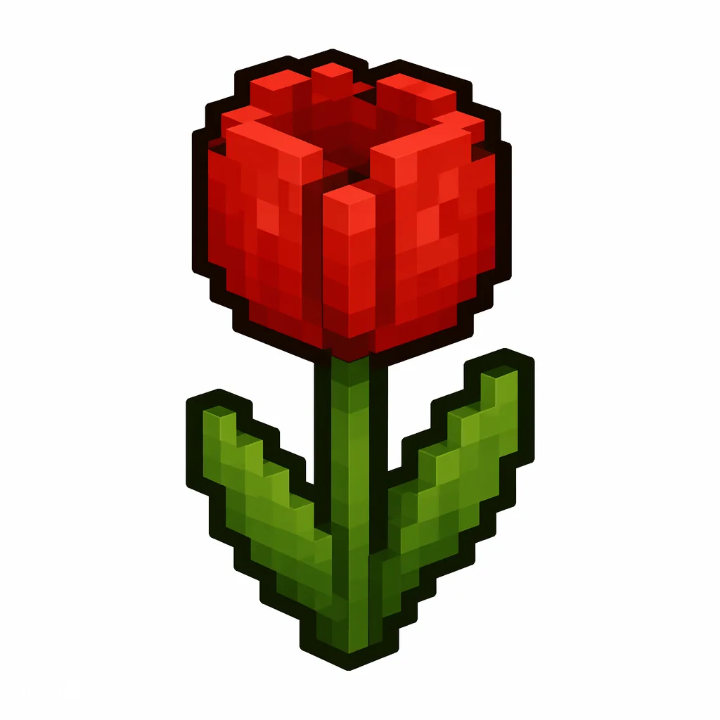 Pixel art illustration of a red tulip in chunky voxel game style
