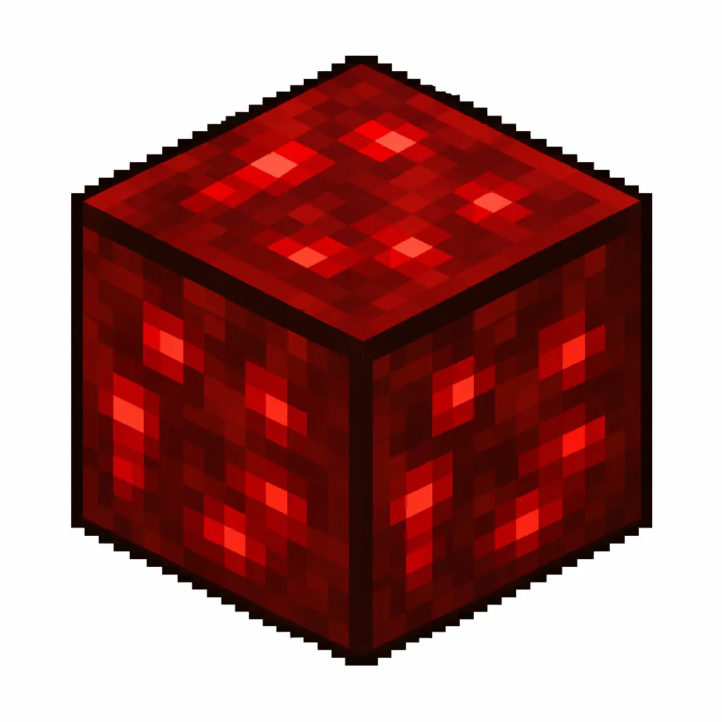 Pixel art illustration of a block of redstone in chunky voxel game style