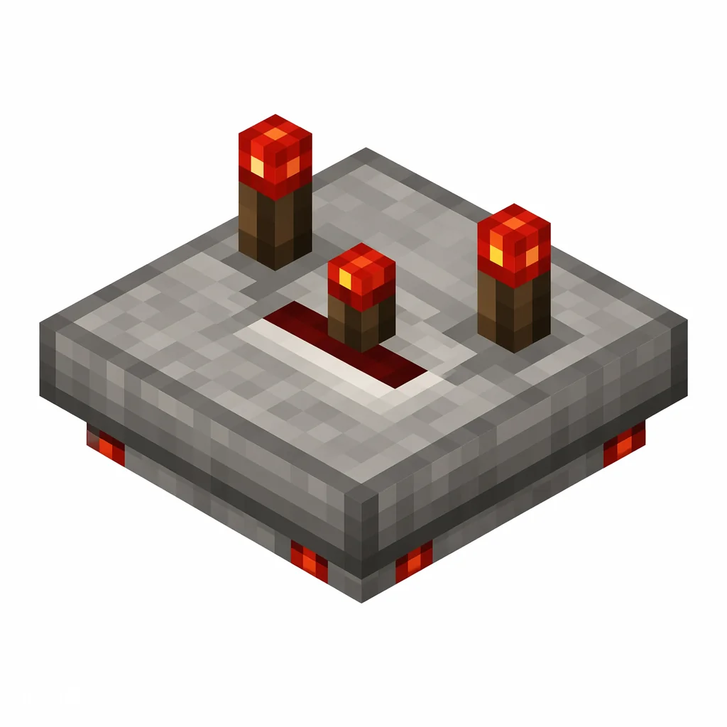 Pixel art illustration of a redstone comparator: a gray stone slab with three glowing red redstone torches