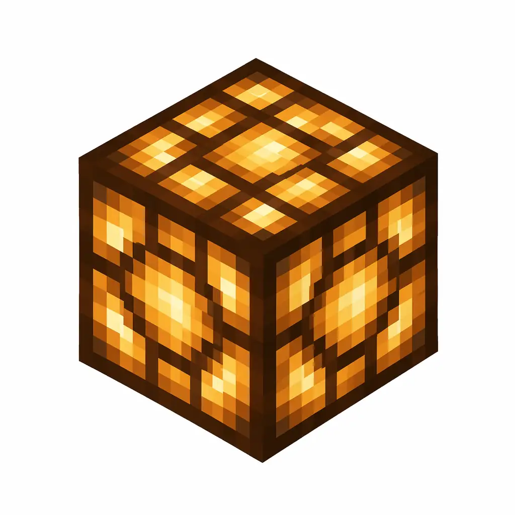 Pixel art illustration of a glowing redstone lamp block with warm yellow-orange light panels