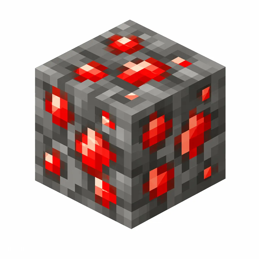 Pixel art illustration of a redstone ore block with glowing red crystals in gray stone