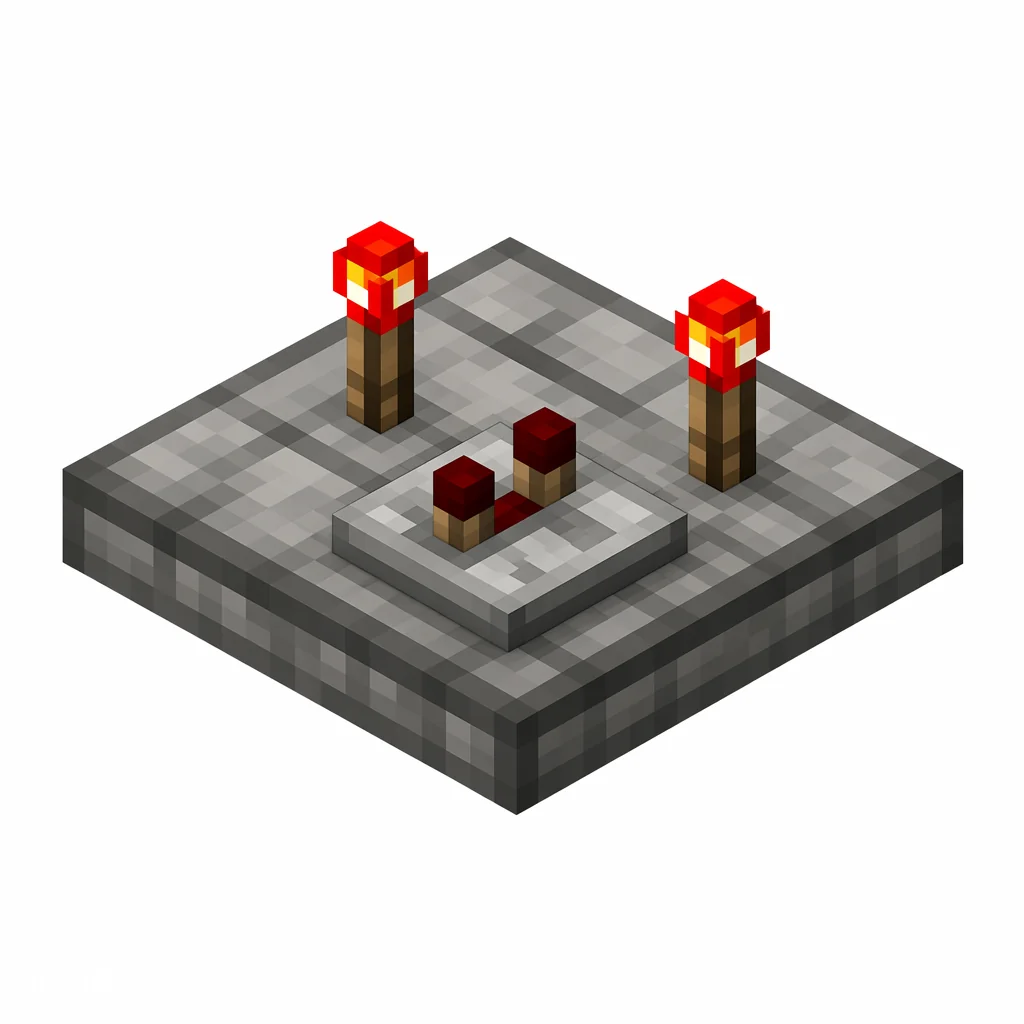 Pixel art illustration of a redstone repeater: a gray stone slab with two glowing red redstone torches