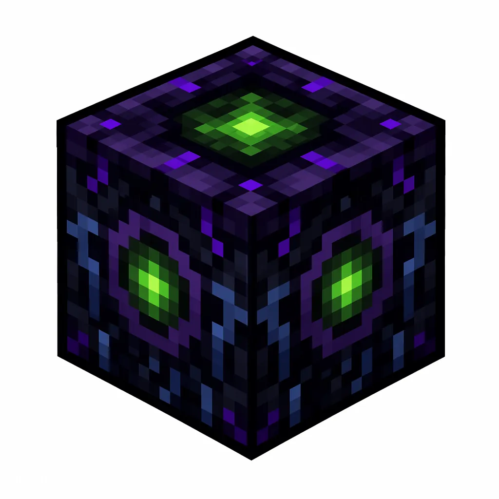 Pixel art illustration of a respawn anchor in chunky voxel game style