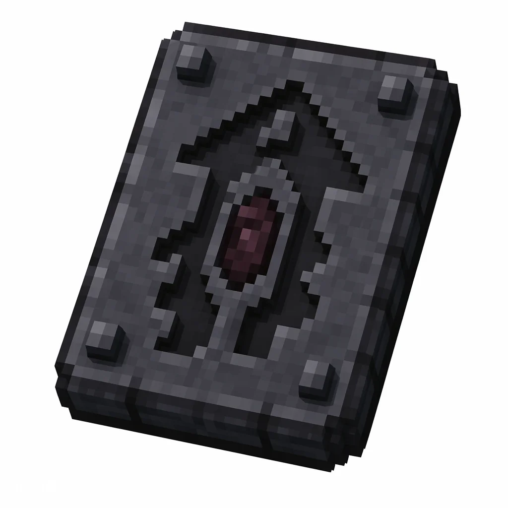 Pixel art illustration of a dark stone smithing template tablet carved with a ribcage