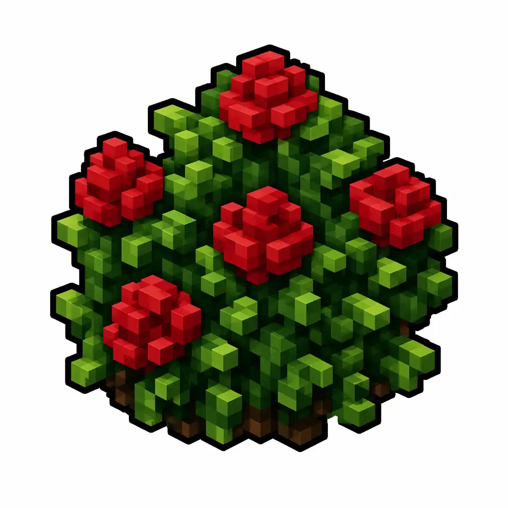 Pixel art illustration of a rose bush in chunky voxel game style
