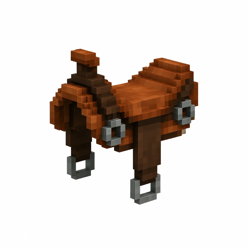 Pixel art illustration of a brown leather saddle with stirrups