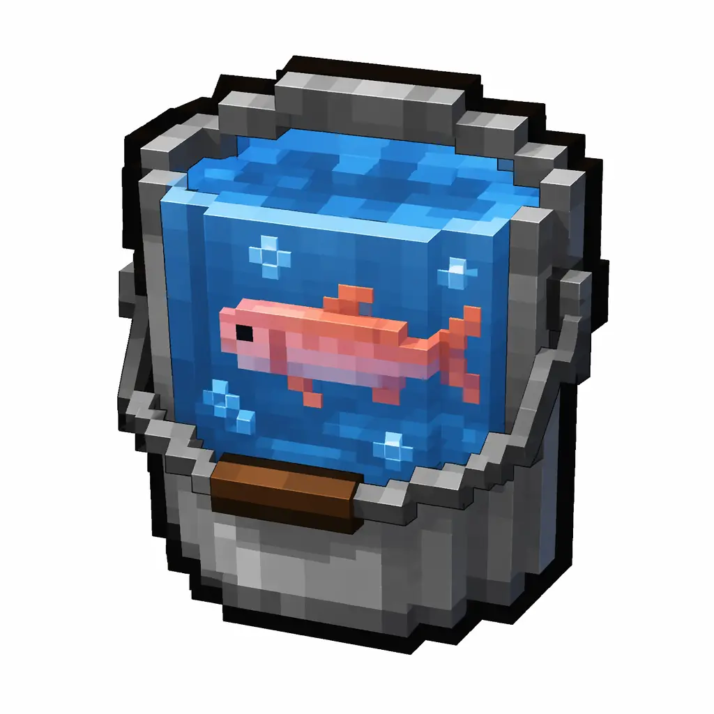 Pixel art illustration of a metal bucket with a live salmon inside