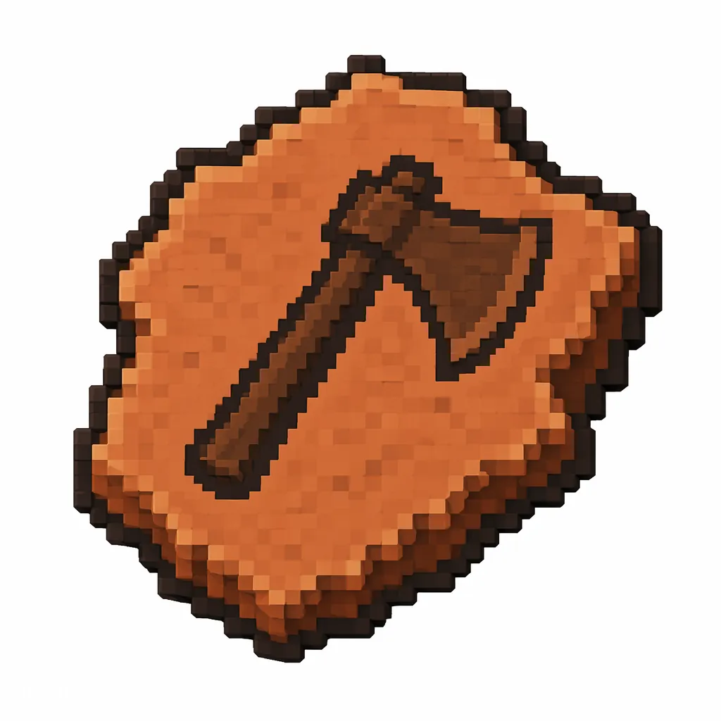 Pixel art illustration of a terracotta pottery sherd engraved with a axe pictograph