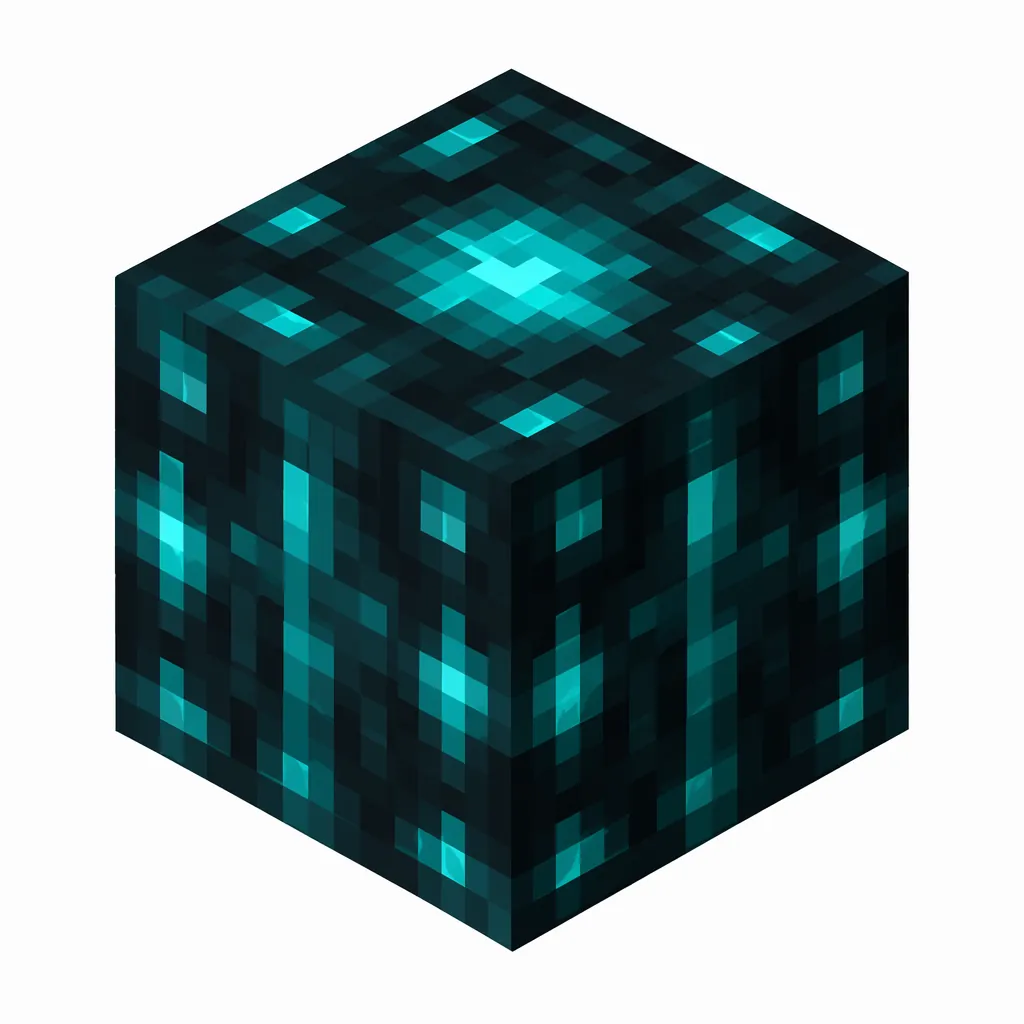 Pixel art illustration of a sculk catalyst block with glowing cyan bone-like ribs and a bright cyan core