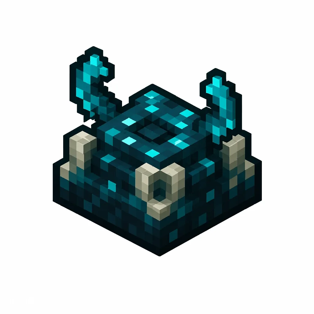 Pixel art illustration of a sculk sensor, a dark teal mound with glowing cyan tendrils